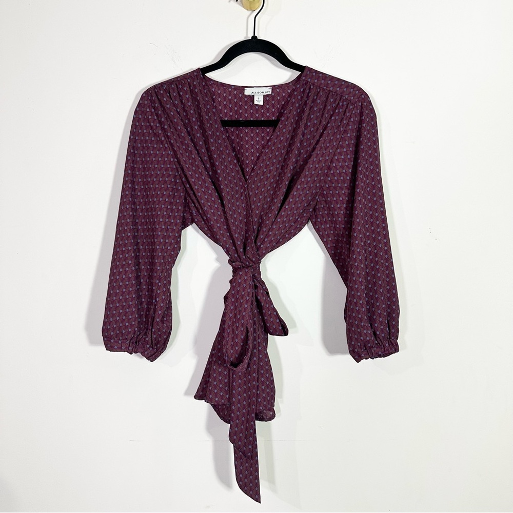 Allison Joy Maroon Blue Geometric Print 3/4 Sleeve Wrap Shirt